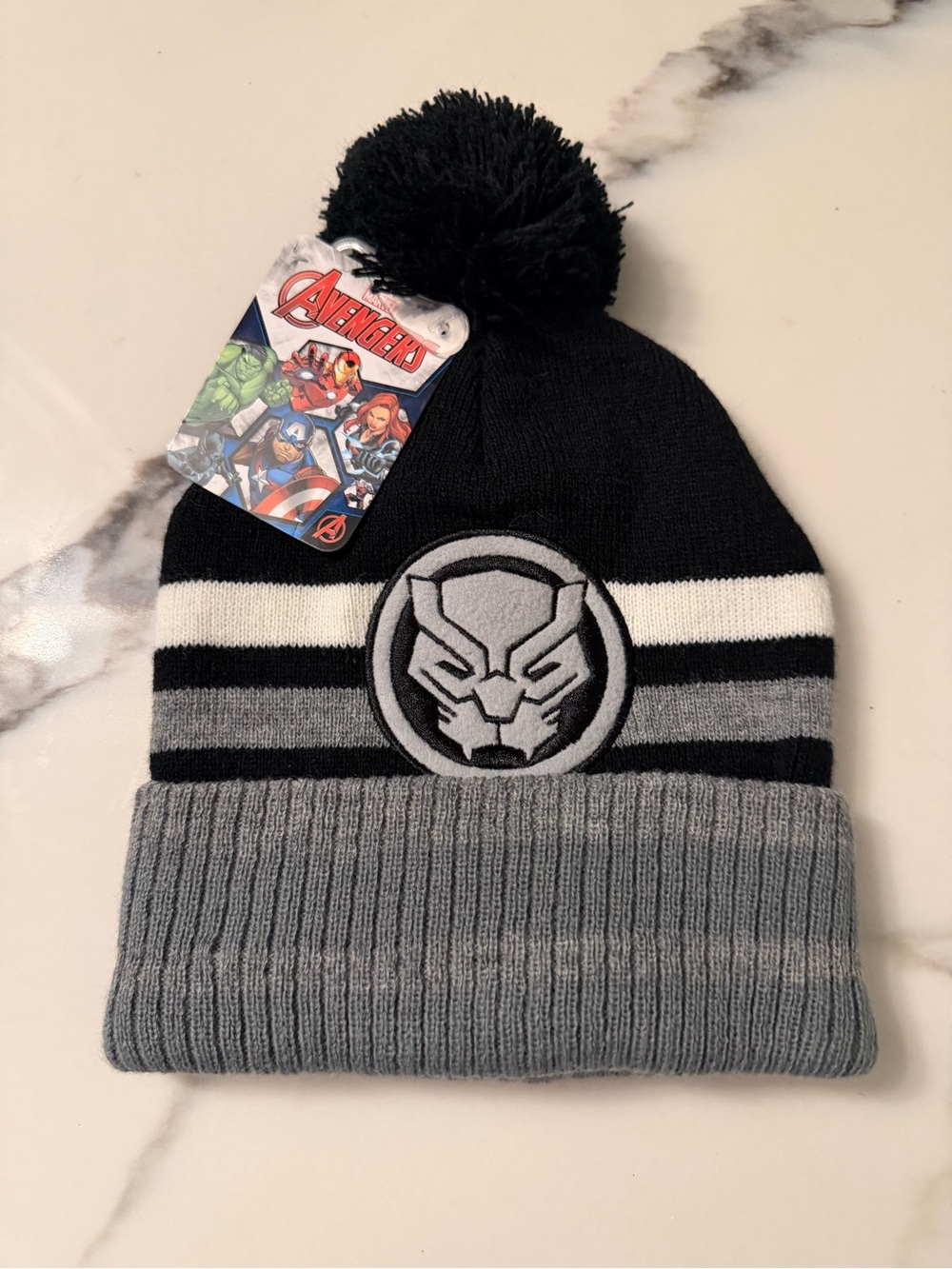 NWT Marvel Black & White Avengers Pom Boys’ One Size Beanie Black Panther Logo